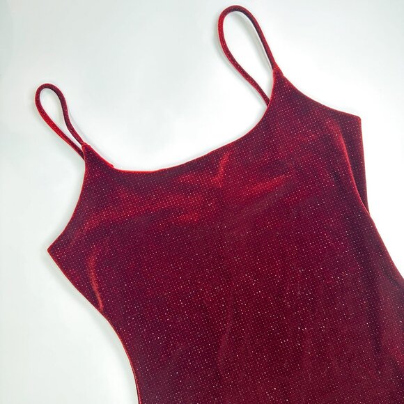 Vintage Y2K Red Velvet Glitter Mini Bodycon Vamp Dress. - Picture 3 of 7